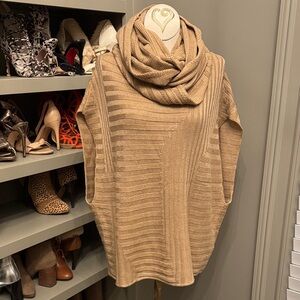 Cozy Ribbed Cowl Neck Poncho Sweater - Camel